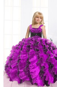 Fuchsia Lace Up Little Girls Pageant Dress Beading and Ruffles Sleeveless Floor Length