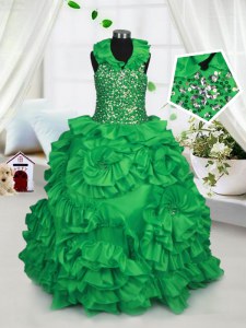 Latest Green Taffeta Zipper Halter Top Sleeveless Floor Length Girls Pageant Dresses Beading and Ruffles