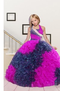 Eye-catching Floor Length Hot Pink Kids Pageant Dress Halter Top Sleeveless Lace Up