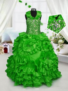 Great Halter Top Sleeveless Little Girl Pageant Dress Floor Length Beading and Ruffles Taffeta