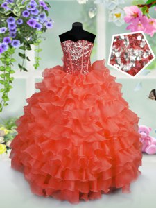 Cheap Coral Red Ball Gowns Sweetheart Sleeveless Organza Floor Length Lace Up Ruffled Layers and Sequins Pageant Dress for Teens