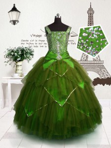 Straps Sleeveless Kids Pageant Dress Floor Length Beading and Belt Olive Green Tulle