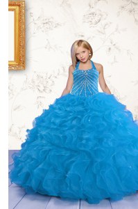 Halter Top Aqua Blue Mermaid Beading and Ruffles Little Girls Pageant Dress Lace Up Organza Sleeveless Floor Length