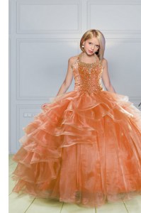 Organza Halter Top Sleeveless Lace Up Beading and Ruffles Child Pageant Dress in Orange