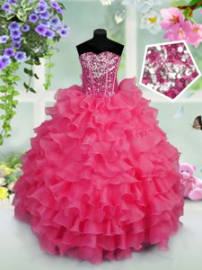 Hot Pink Ball Gowns Sweetheart Sleeveless Organza Floor Length Lace Up Ruffled Layers and Sequins Little Girls Pageant Gowns