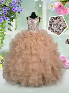 Pink Organza Zipper Scoop Sleeveless Floor Length Little Girl Pageant Dress Ruffles and Sequins