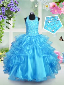 Latest Halter Top Floor Length Aqua Blue Pageant Dress Womens Organza Sleeveless Beading and Ruffled Layers