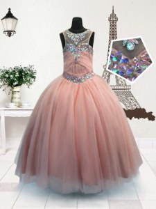 Scoop Beading Girls Pageant Dresses Pink Zipper Sleeveless Floor Length