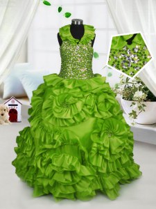 Halter Top Olive Green Ball Gowns Beading and Ruffles Winning Pageant Gowns Zipper Taffeta Sleeveless Floor Length