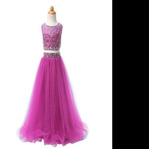 Eye-catching Scoop Fuchsia Organza Zipper Kids Pageant Dress Sleeveless Floor Length Beading