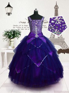 Purple Straps Neckline Beading and Belt Kids Pageant Dress Sleeveless Lace Up