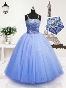 Customized Light Blue Sleeveless Floor Length Beading and Sequins Zipper Girls Pageant Dresses