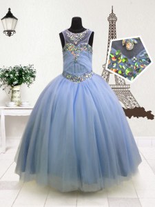 Scoop Light Blue Sleeveless Floor Length Beading and Ruffles Zipper Little Girls Pageant Dress Wholesale