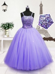 Fantastic Blue Zipper Spaghetti Straps Beading and Sequins Child Pageant Dress Tulle Sleeveless