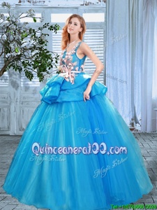 Flare Floor Length Blue Sweet 16 Dress Scoop Sleeveless Lace Up