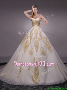 Pretty White Tulle Lace Up Quinceanera Dress Sleeveless With Brush Train Appliques