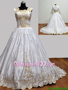 Comfortable White Taffeta Zipper Square Sleeveless With Train Quinceanera Gown Brush Train Embroidery