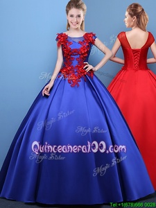 Attractive Scoop Cap Sleeves 15 Quinceanera Dress Floor Length Appliques Royal Blue Satin