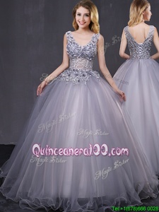 Stylish Tulle Sleeveless Lace Up Appliques Sweet 16 Dress inGrey