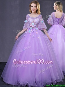 Amazing Floor Length Lavender Quinceanera Dresses Scoop Half Sleeves Lace Up