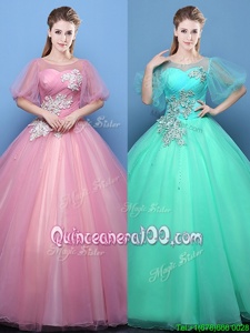 Scoop Half Sleeves Lace Up Floor Length Appliques Quinceanera Dresses