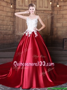 Perfect Elastic Woven Satin Scoop Sleeveless Lace Up Lace and Appliques Quinceanera Gowns inWine Red