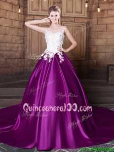 Fantastic Eggplant Purple Lace Up Scoop Lace and Appliques Quinceanera Dresses Elastic Woven Satin Sleeveless Court Train