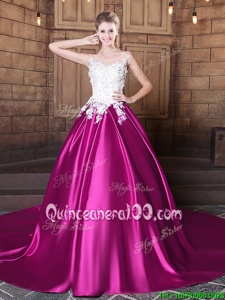 Most Popular Scoop Fuchsia Sleeveless Elastic Woven Satin Court Train Lace Up Quinceanera Dresses forMilitary Ball and Sweet 16 and Quinceanera