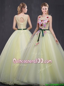 Glorious Scoop Sleeveless Lace Up Floor Length Appliques 15 Quinceanera Dress