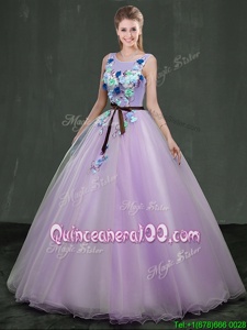 New Style Lavender Ball Gowns Organza Scoop Sleeveless Appliques Floor Length Lace Up Quince Ball Gowns