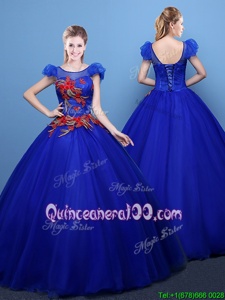 Classical Scoop Spring and Summer and Fall and Winter Tulle Short Sleeves Floor Length Quinceanera Dresses andAppliques