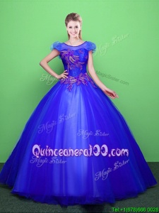 Sweet Blue Scoop Neckline Appliques Quinceanera Dresses Short Sleeves Lace Up