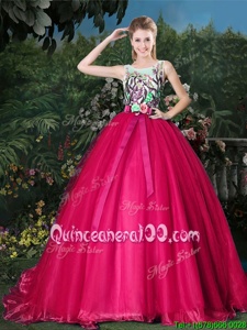 Luxurious Scoop Hot Pink Sleeveless Appliques and Belt Zipper Quinceanera Dresses