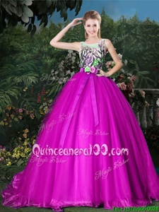 Scoop Sleeveless Sweet 16 Dresses Brush Train Appliques and Belt Fuchsia Organza