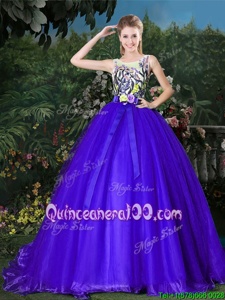 Artistic Blue Ball Gowns Scoop Sleeveless Organza Brush Train Zipper Appliques and Belt Quinceanera Dress