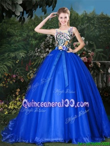 Enchanting Scoop Ball Gowns Sleeveless Royal Blue Quinceanera Dress Brush Train Zipper