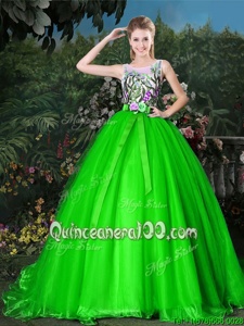 Admirable Scoop Spring Green Sleeveless Appliques and Belt Zipper Quinceanera Dresses