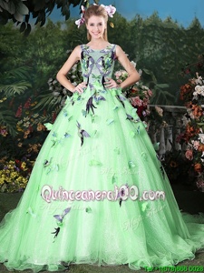 Scoop Sleeveless Organza Quinceanera Gowns Appliques Brush Train Zipper