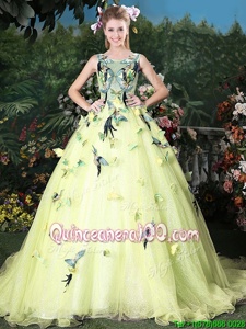 Cute Scoop Light Yellow Ball Gowns Appliques 15th Birthday Dress Zipper Organza Sleeveless