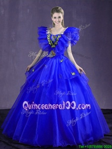 Colorful Royal Blue Organza Lace Up Sweet 16 Quinceanera Dress Sleeveless Floor Length Appliques and Ruffles