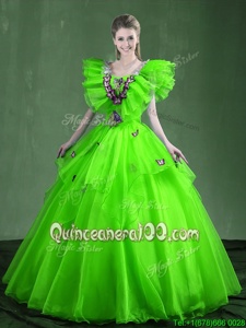 Super Spring Green Organza Lace Up Sweetheart Sleeveless Floor Length Ball Gown Prom Dress Appliques and Ruffles