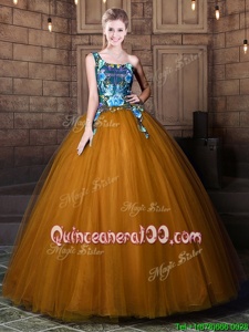 Flirting One Shoulder Sleeveless Quince Ball Gowns Floor Length Pattern Brown Tulle