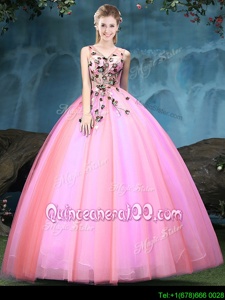 Ideal Multi-color V-neck Neckline Appliques Vestidos de Quinceanera Sleeveless Lace Up