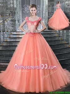 Tulle Straps Sleeveless Brush Train Lace Up Beading Sweet 16 Dresses inOrange