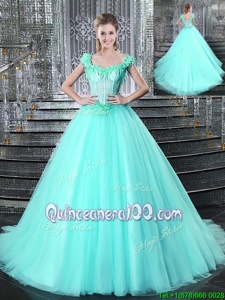 Comfortable Aqua Blue Straps Lace Up Beading and Appliques Vestidos de Quinceanera Brush Train Sleeveless