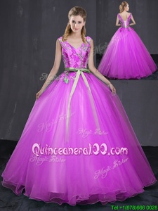 Beautiful V-neck Sleeveless Lace Up 15 Quinceanera Dress Fuchsia Tulle