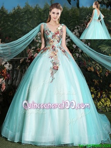 Lovely V-neck Sleeveless Brush Train Lace Up Quinceanera Dresses Aqua Blue Tulle