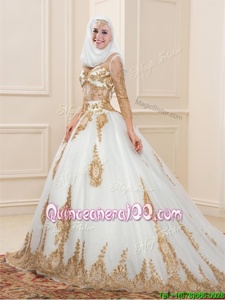 Custom Design 3|4 Length Sleeve Appliques Zipper Sweet 16 Dresses with White Sweep Train