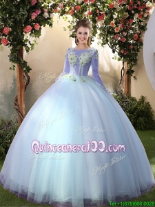 Designer Big Puffy Light Blue A-line Scoop Long Sleeves Tulle Floor Length Lace Up Appliques Vestidos de Quinceanera