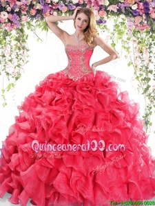 Elegant Beading and Ruffles Quinceanera Dress Red Lace Up Sleeveless Sweep Train